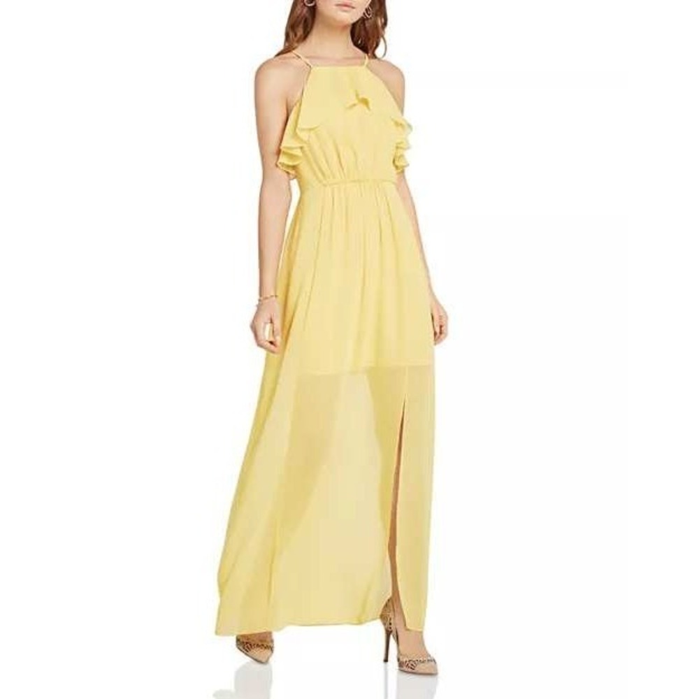 BCBGeneration Maxi Dress Women's 6 Ruffle‎ Halter Sheer Chiffon Formal Honeygold